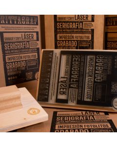 Large rubber stamp and impressions made on paper, wood and cardboard boxes.